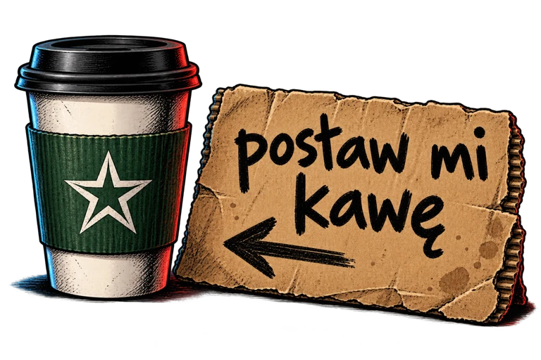 Kubek kawy i kartonik z napisem postaw mi kawę