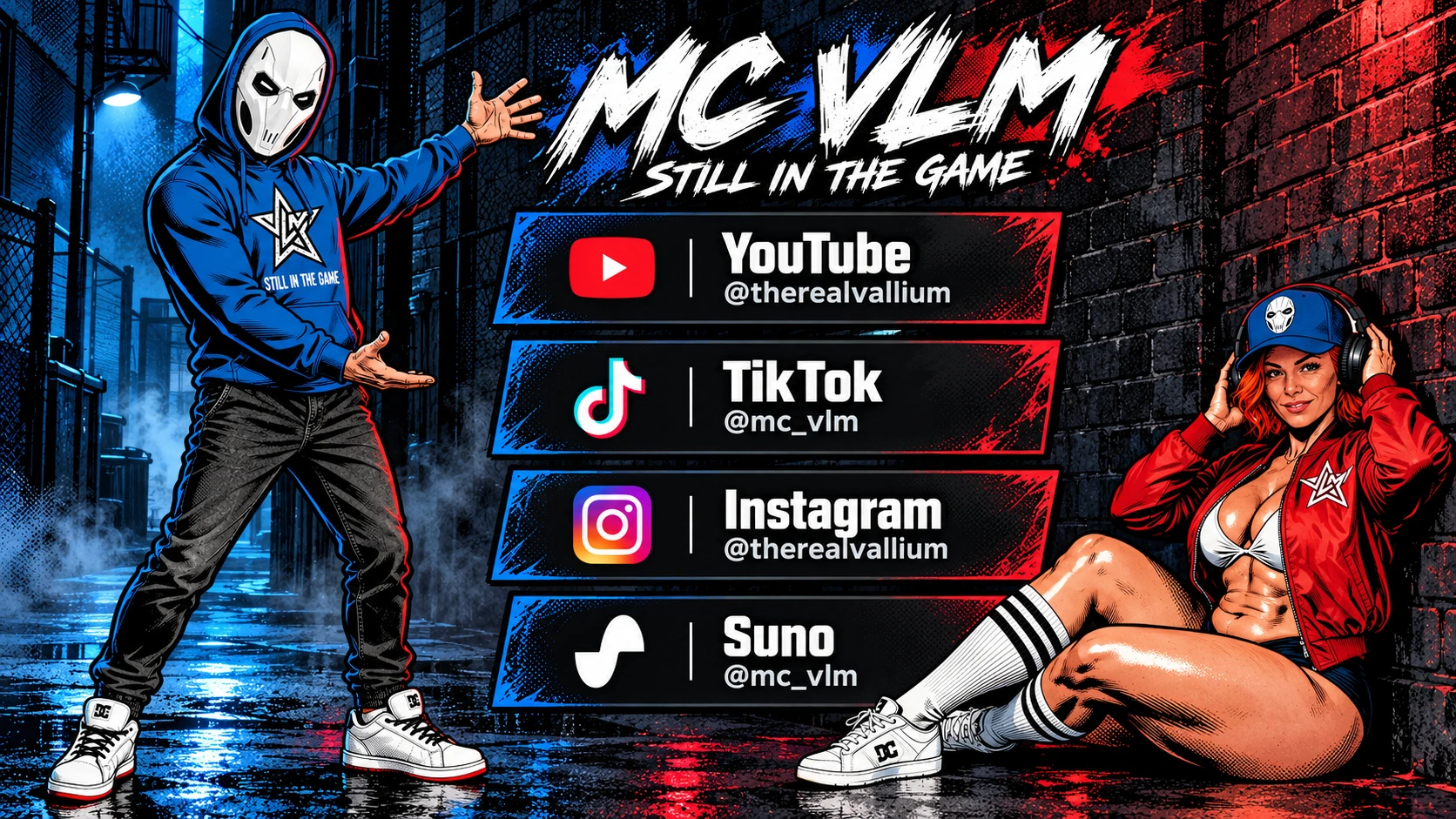 MC VLM w niebieskiej bluzie prezentuje profile. Kobieta w czerwonej kurtce ze słuchawkami siedzi w prawym rogu komiksowej ulicy.